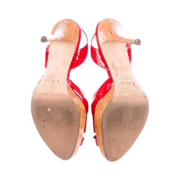 Chistian Dior Red Patent Leather Cork Stacked Heel Designer Slingbacks Sandals 8 - Picture 8 of 9
